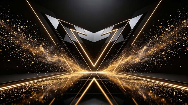 Metallic Golden Glowing V Symbol on Black Reflective Background