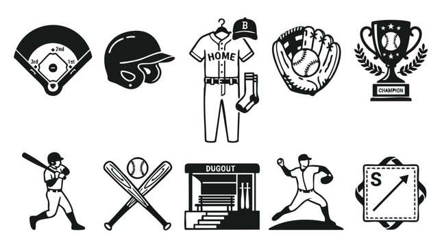 Collection of baseball sport icons including players, equipment, and trophy on a white background, representing the game