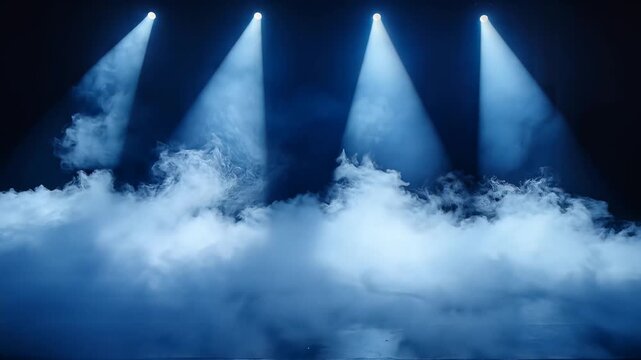 Dramatic blue stage lighting beams piercing through low lying fog with reflective floor