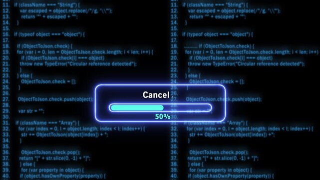 Digital progress bar interface with cancel option overlapping scrolling software source code background, for modern tech, development, cyber security, data processing, and, advanced programming 