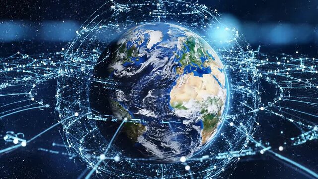 Digital network globe with glowing blue connections and data flow
