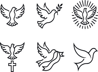 Fototapeta premium Set of six outline dove symbols isolated on transparent background design elements for spiritual and religious concepts.