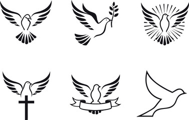 Obraz premium Set of six dove silhouette symbols isolated on transparent background design elements for spiritual and religious concepts.