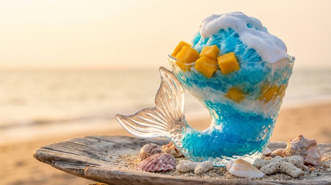Blue shaved ice dessert served in a mermaid tail shaped glass with mango cubes on a beach at sunset