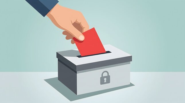 Hand casts red ballot into secure voting box, symbolizing election privacy and choice.