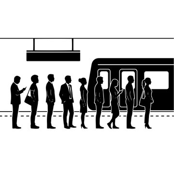 Silhouette of a group of people standing in a line on a subway station platform waiting for an arriving train with doors and windows