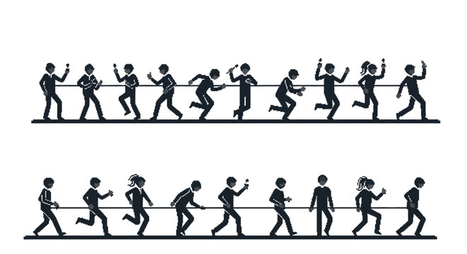 Silhouettes of people playing tug of war in two rows.