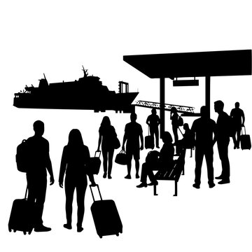 Travelers with luggage waiting in a line at a ferry terminal, silhouette with a ship in the background, on a white, background isolated