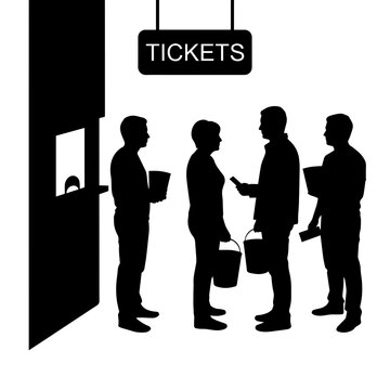 A group of people standing in a line at a ticket window, holding buckets, silhouette on a solid white background, isolated for use