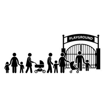 Silhouette of parents with children and baby strollers standing in a line waiting to enter a playground through a large gate