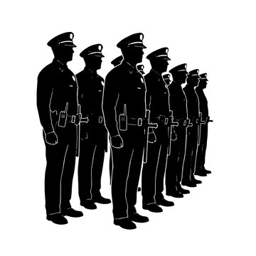 A group of police officers standing in a neat row, depicted as black silhouettes on a white background, representing law enforcement personnel