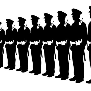 A line of police officers standing in formation, depicted as black silhouettes on a white background, representing law enforcement and security