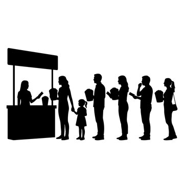 A line of people waiting at a service booth, holding popcorn buckets, silhouette on a solid white background, isolated for