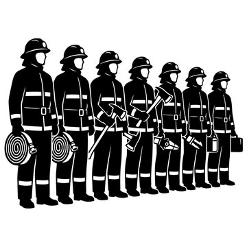 A row of firefighters standing in a line, holding various firefighting equipment like hoses and axes, black silhouette on white background