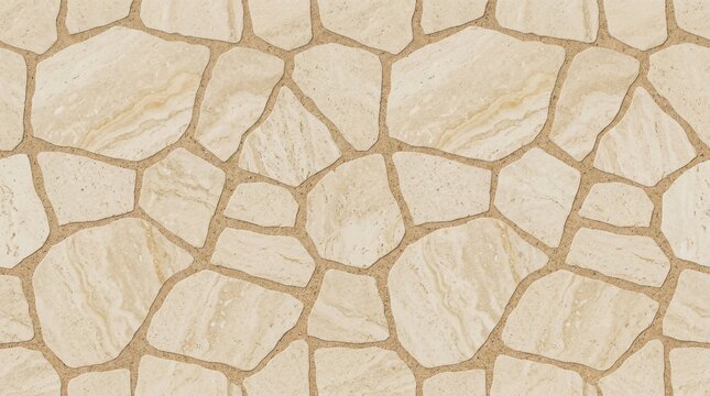 Seamless Beige Natural Stone Paving Pattern with Irregular Flagstones and Sandy Grout, Rustic Outdoor Floor or Wall Texture for Architectural Design Backgrounds
