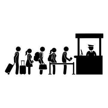 A line of travelers with luggage waiting at a check-in counter, silhouette on a solid white background, isolated for use, in projects
