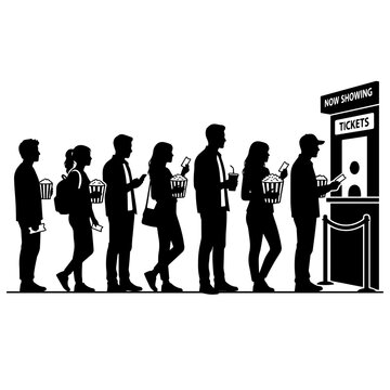 A line of people holding popcorn and drinks, waiting at a ticket booth, silhouette on a solid white background, isolated for use