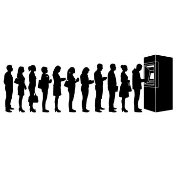 Black silhouette of a group of people standing in a straight line waiting to use an automated teller machine or atm on white background