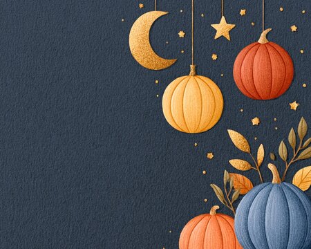 Textured papercraft appliqu&eacute; illustration of whimsical hanging pumpkins with a golden moon and stars on a dark blue night sky, a magical autumn or Halloween background.