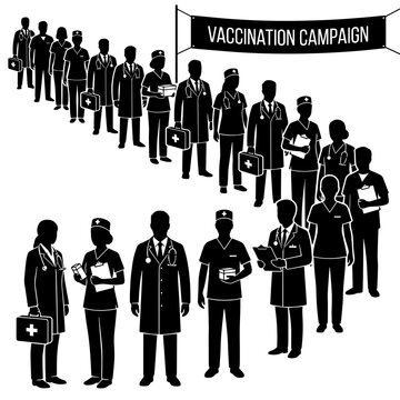 A long queue of medical staff, doctors, and nurses holding medical kits, standing in a line for a vaccination campaign, black silhouette