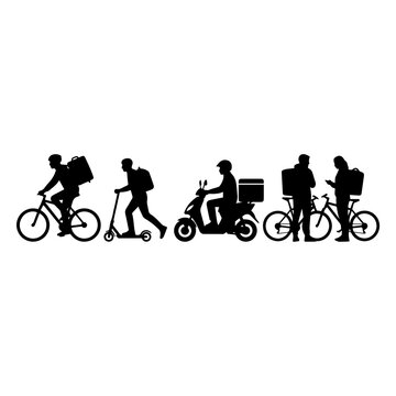 Black silhouette of delivery workers using various modes of transport including bicycles, electric scooters, and motorbikes for logistics