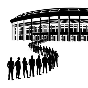 Black silhouette of a long queue of people waiting to enter a large stadium building on a white background, for events
