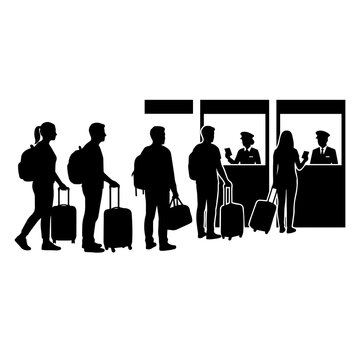 Black silhouette of people standing in a queue at an airport check-in counter with luggage and suitcases on white background