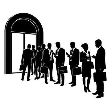 Black silhouettes of a group of business people in suits waiting in a line to enter through an arched doorway on white background