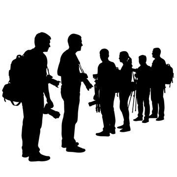 Black silhouettes of a group of photographers standing with cameras and backpacks on a white background, for media events