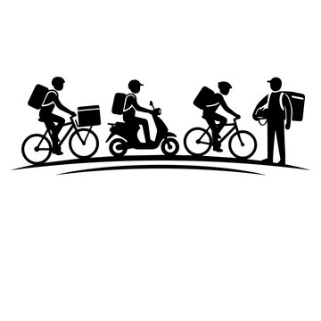 Black silhouettes of delivery workers on bicycles and a scooter with boxes for food delivery services on a white background