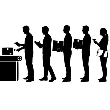 Black silhouettes of workers in a line with boxes and scanners at a conveyor belt for warehouse logistics on white background