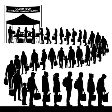 Black silhouette of a long queue of people waiting at a charity food distribution tent for community support on a white background