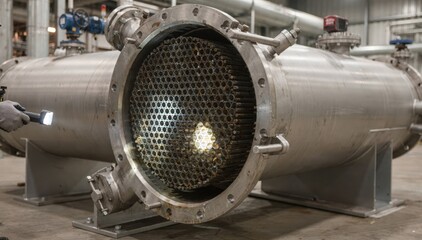 Fototapeta premium Medium shot of a shellandtube heat exchanger with openhead design showing detailed internal tubes during routine maintenance and inspection.