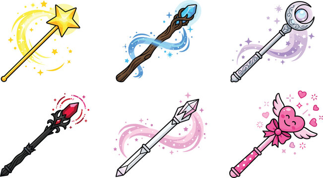 Fantasy magic wands vector set featuring star wand druid branch scepter silver crescent ruby staff crystal wand and pink anime heart stick