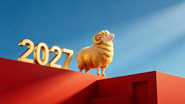 Golden Zodiac Sheep with 2027 Number on Red Platform