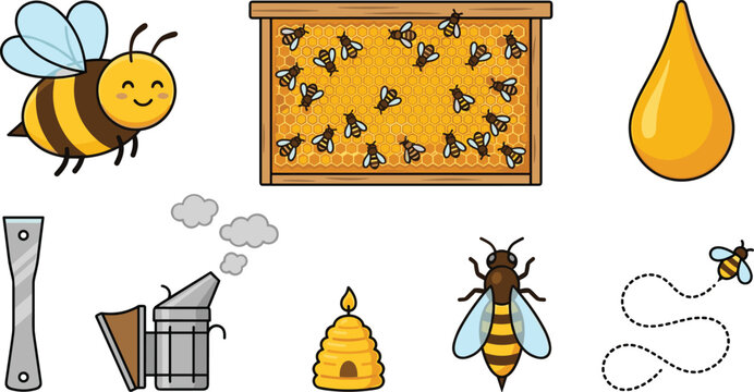 Cute cartoon beekeeping vector set with happy honey bee honeycomb frame sweet drop smoker hive queen bee and flying path dash trail.