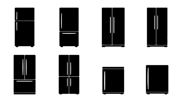 Modern refrigerator icon set, sleek black kitchen appliance silhouettes, various fridge designs including top freezer, bottom freezer, side-by-side, and compact mini-fridges