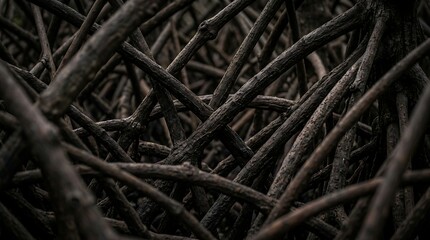 Fototapeta premium Intricate network of dark tangled roots and branches forming a dense natural pattern.