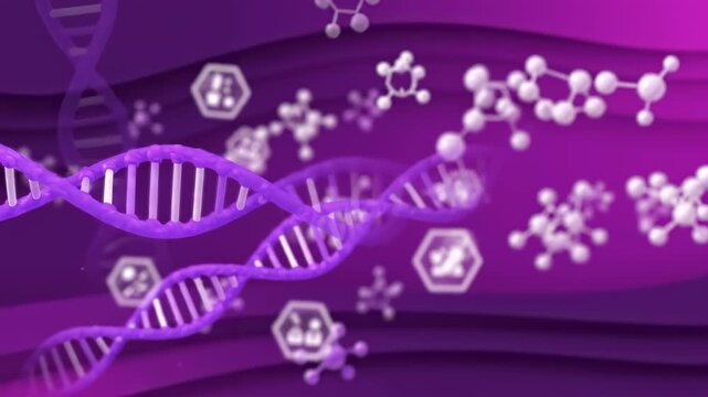 Purple DNA double helix and molecular structures floating through abstract scientific layered background