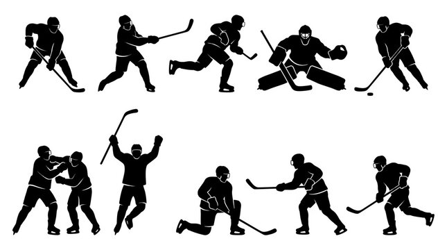 Ice Hockey Silhouette Action Set Featuring Players, Goalie, Fighting and Celebration