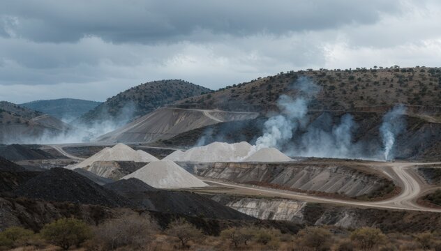 Overcast conditions highlight a semiarid bauxite mining area with dusty stockpiles and rugged terrain showcasing extraction activity amidst muted skies.