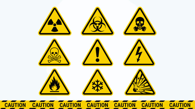 Collection of various hazard warning symbols on white background.