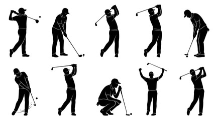 Naklejka premium Golf Player Silhouette Set Featuring Swing, Drive and Putting Action Poses