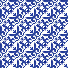 Fototapeta premium Seamless pattern in traditional style Portuguese tile. Mediterranean ceramic tile pattern in blue white. Moroccan azulejo pattern, majolica, Talavera, Damask Mediterranean ceramic, patchwork, linoleum