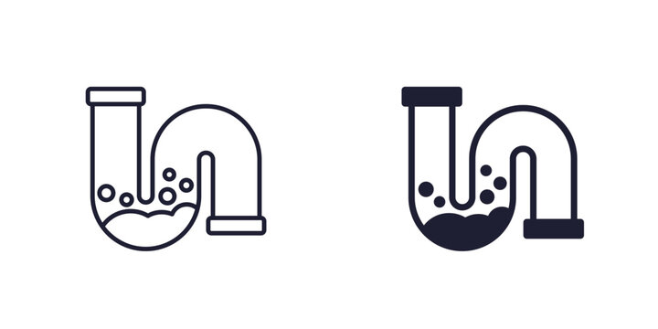 Clog in pipe, drain icon, line and solid design
