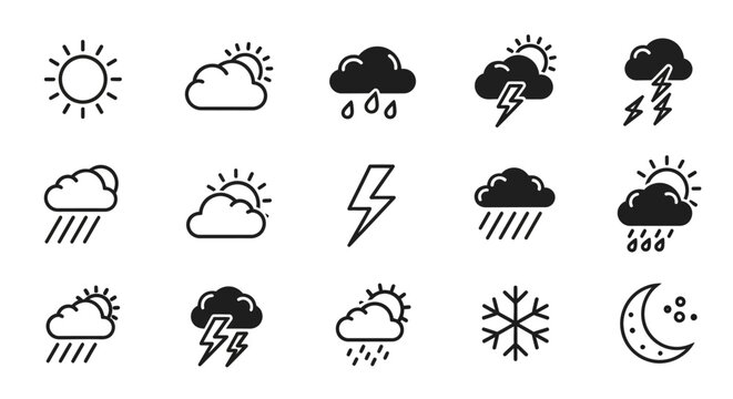 Weather icons set with sun clouds rain lightning