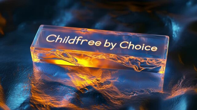 Glass block with Childfree by Choice inscription glowing on dark textured surface, conscious lifestyle decision, social concept.