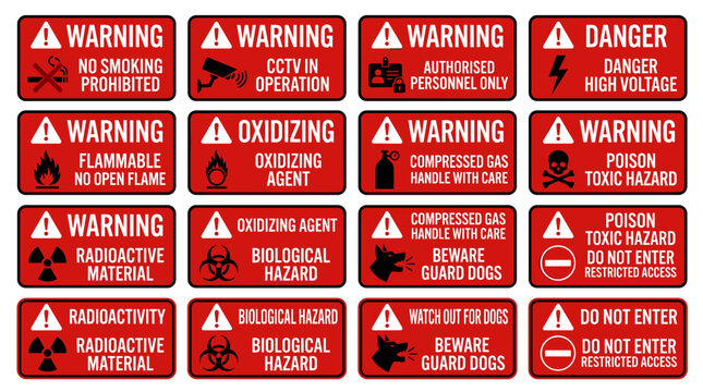 Collection of Warning Danger and Caution Signs for Safety and Information.