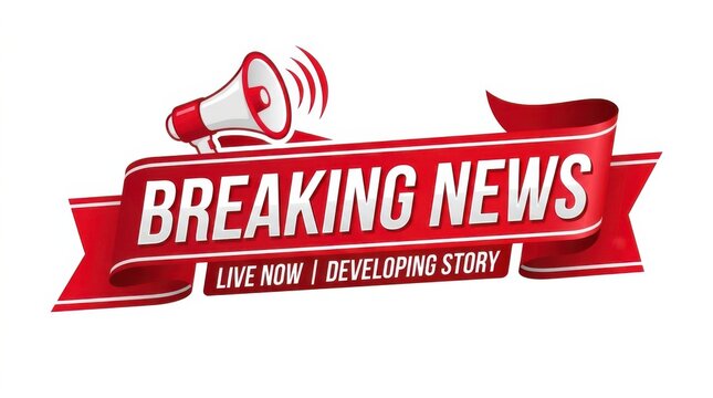 Breaking news banner with megaphone on white background