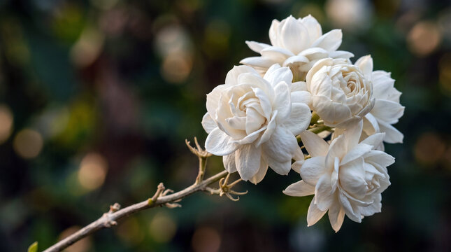 Close-up of blooming white Arabian Jasmine flowers on a stem, set against a soft blurred garden background, capturing a fresh and elegant floral concept.